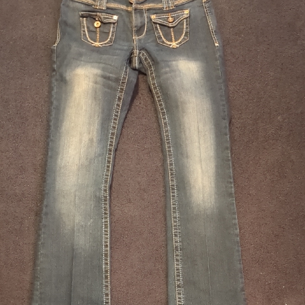 Blue Boot Cut Jeans with Vintage Fading